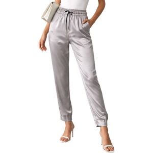 GUNEX Women's Silk Jogger Pants Grey Drawstring Sz 10 Made in Italy Quiet Luxury